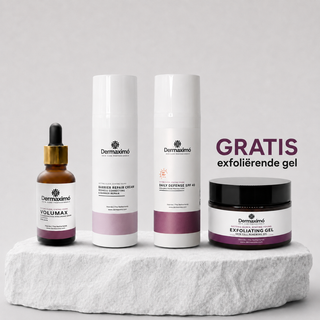 Four Dermaximó skincare products arranged on a white stone slab against a light gray background: a brown amber dropper bottle with a gold collar, two tall white tubes, and a white jar with a black lid. Purple text on the right reads 'GRATIS exfolierende gel'.